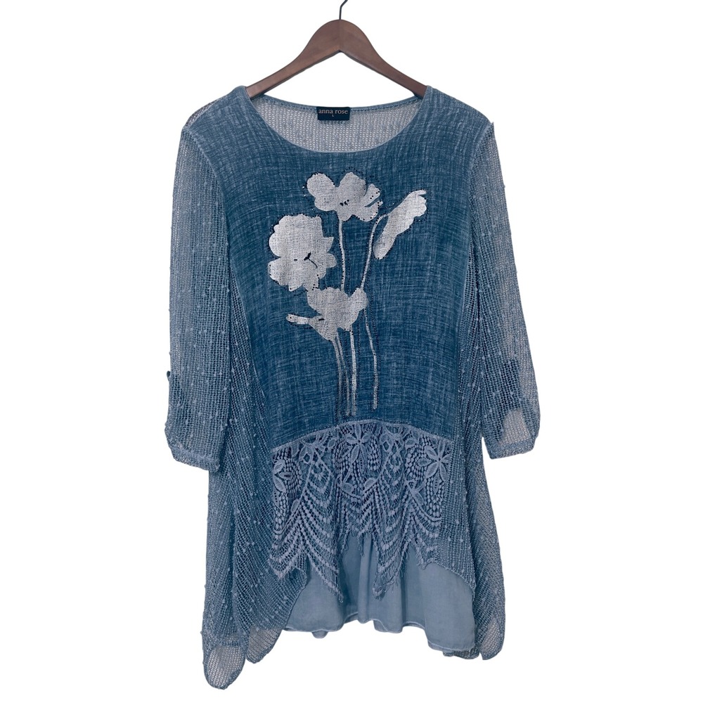 Anna Rose Blue Floral Lace Trim Mesh Sleeve Tunic Top L Etheral Cottagecore Boho